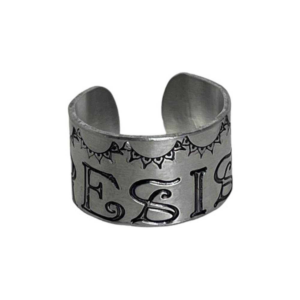 Handmade stamped 9 Resist sun silver hypoallergenic adjustable wide cuff ring